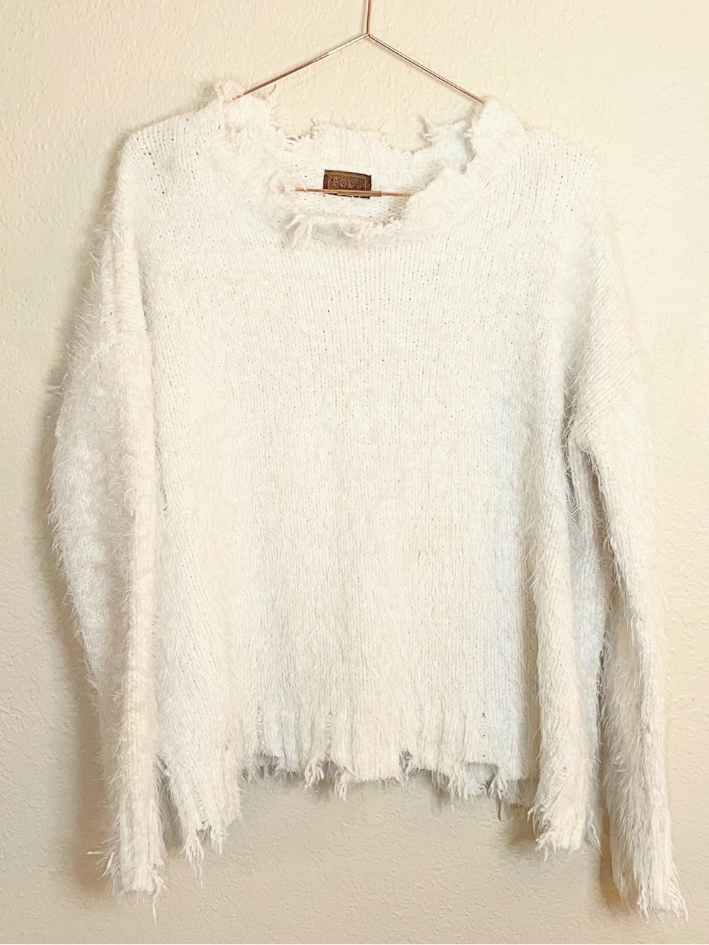 POL Ivory Distressed Fuzzy Knit Oversized Sweater M